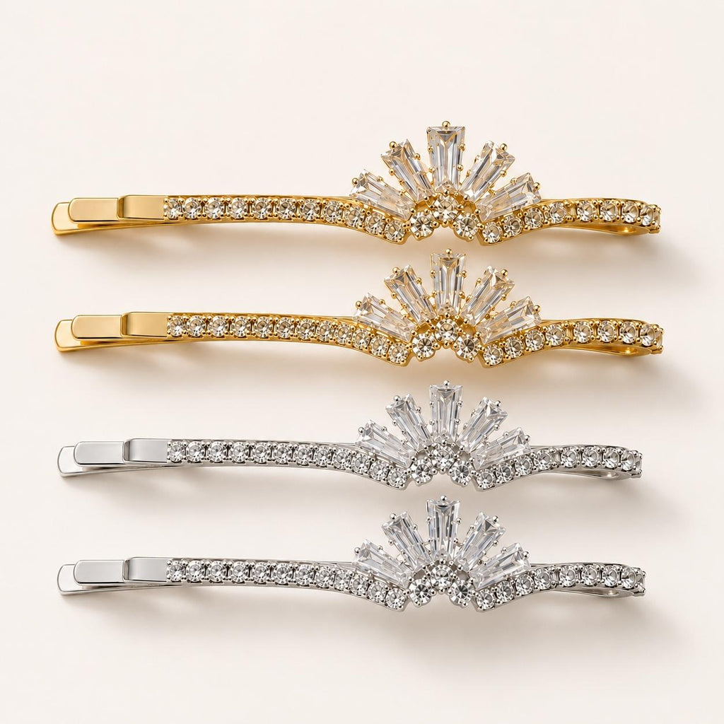 Kit 2 Presilhas de Cabelo Leque Zircônia | Presilha Feminina Elegante Dourado e Prateado