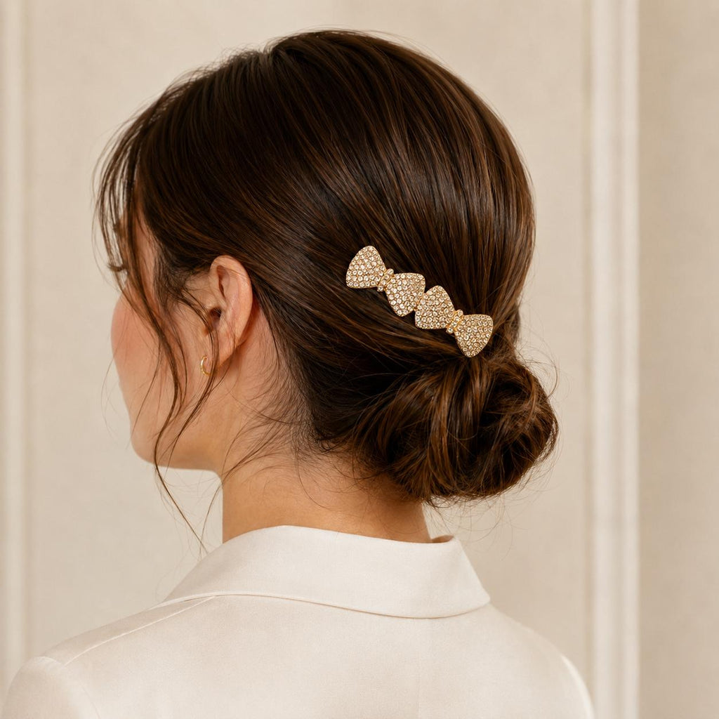 Presilha Duplo Laço Cheia de Zircônias Luxuosa | Grampo Dourado e Prateado para Cabelo Dia a Dia e Festas