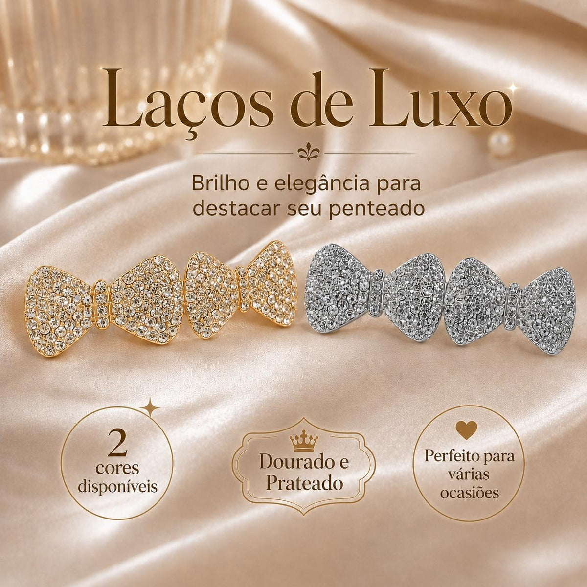 Presilha Duplo Laço Cheia de Zircônias Luxuosa | Grampo Dourado e Prateado para Cabelo Dia a Dia e Festas