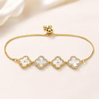 Pulseira Trevo Quatro Folhas com Madrepérola e Zircônias Ajustável | Pulseira Feminina Dourada e Prateada Acessório Delicado Presente