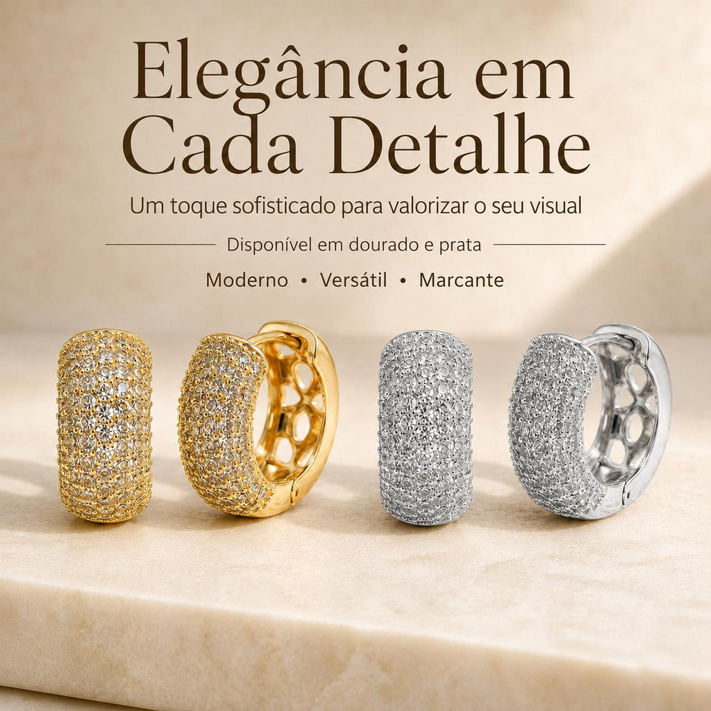 Brinco Argola Grosso Cravejado Zircônia Banho Dourado/Prata Moderno Uso Diário e Festa