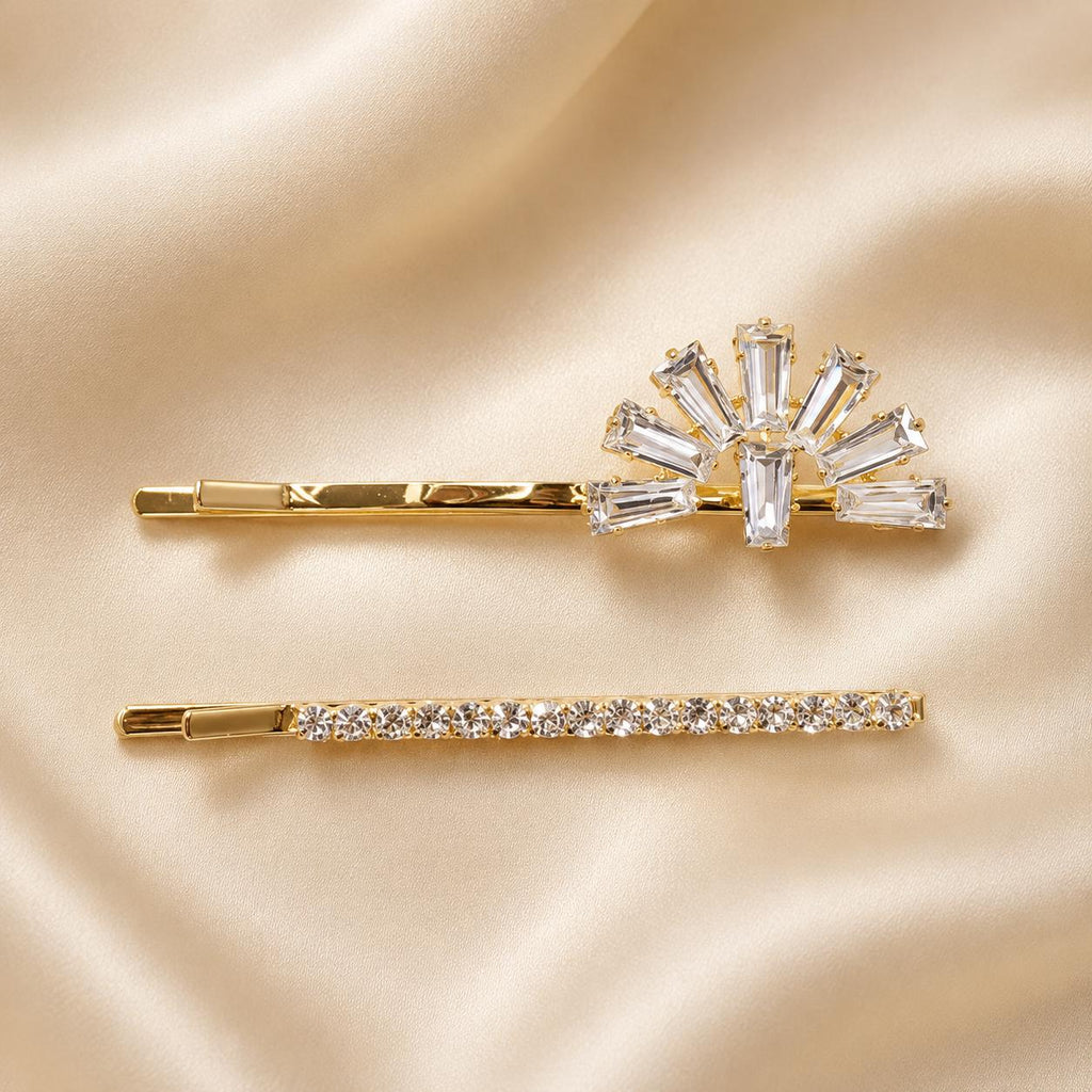 Kit Grampo de Cabelo Leque Zircônia 2 Peças | Presilha Feminina Elegante Dourado e Prateado