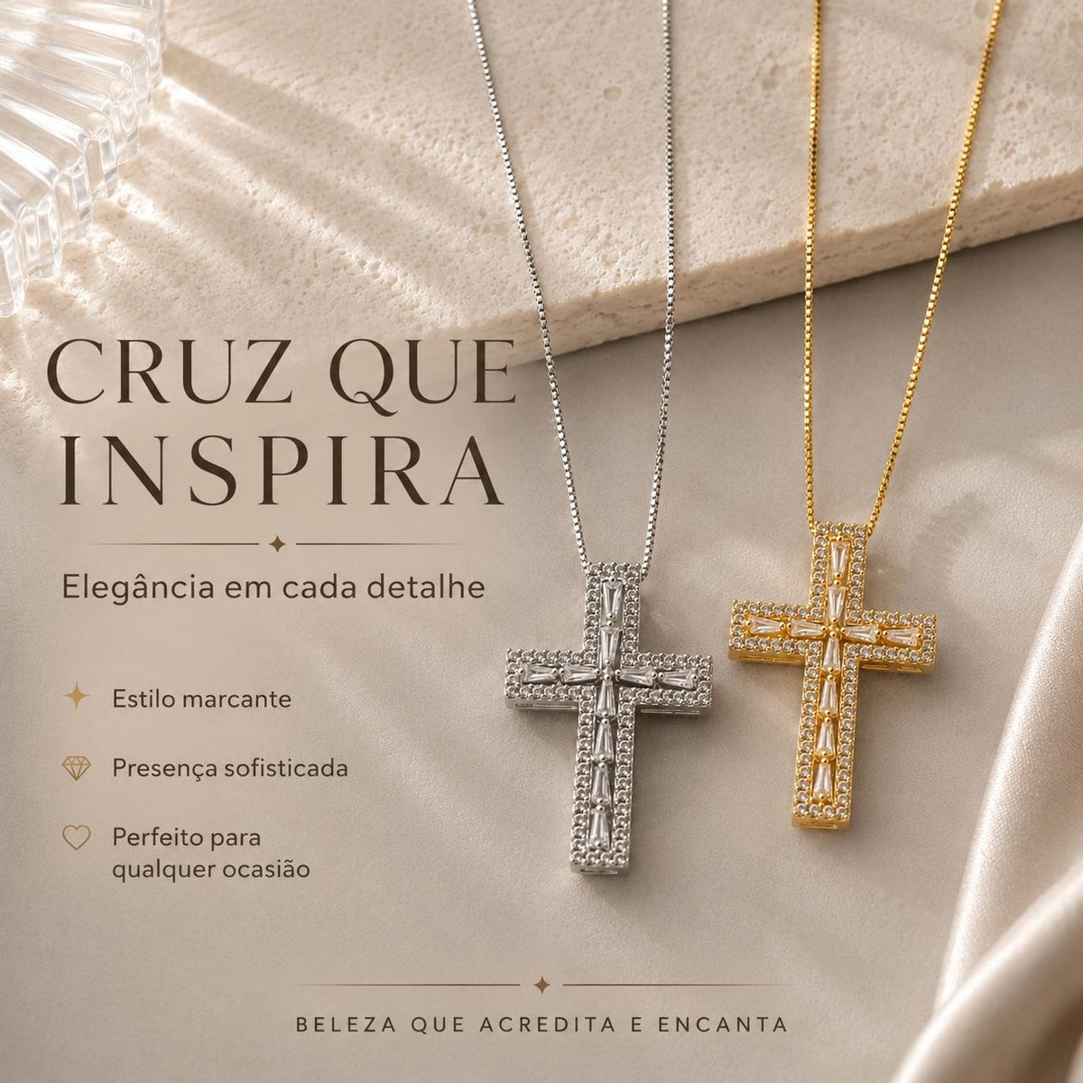 Colar Pingente Cruz 3D Cravejado de Zircônias Baguete