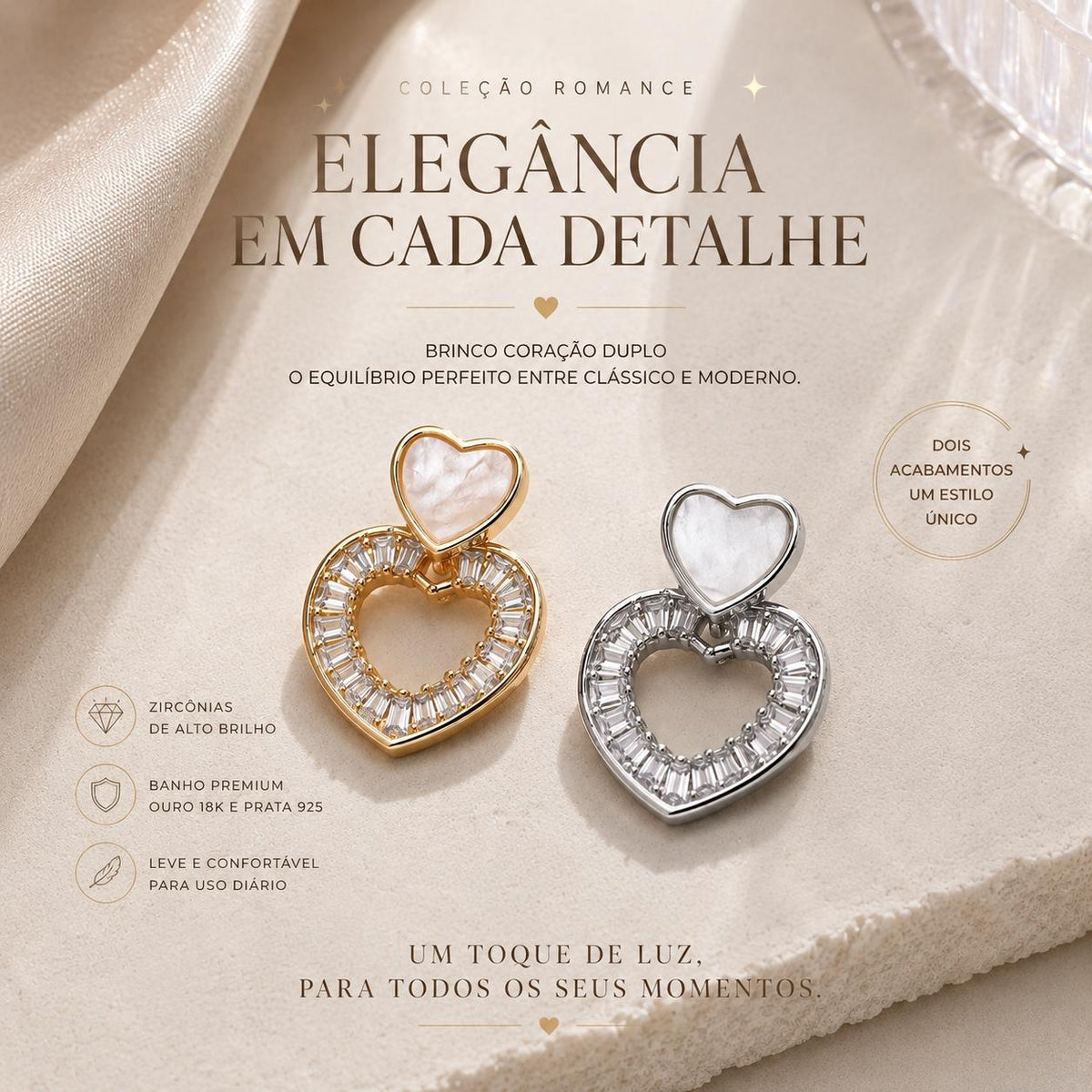 Brinco Duplo Coração com Madrepérola e Zircônias Baguete