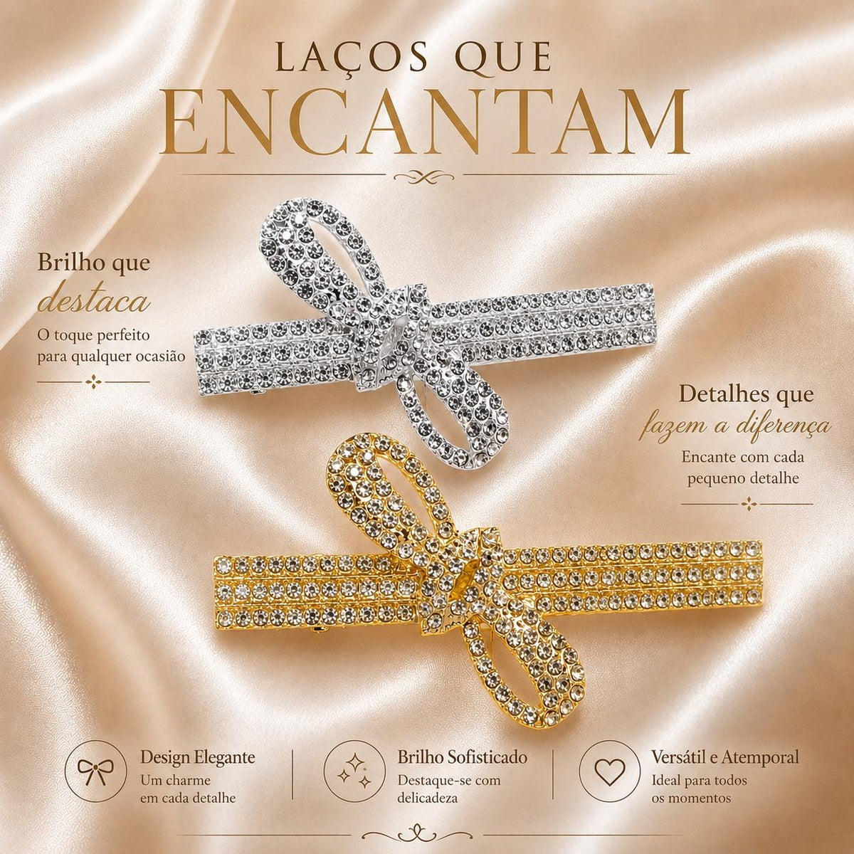 Presilha Barra Longa Laço Cheia de Zircônias Sofisticada | Grampo Dourado e Prateado para Cabelo Dia a Dia e Festas