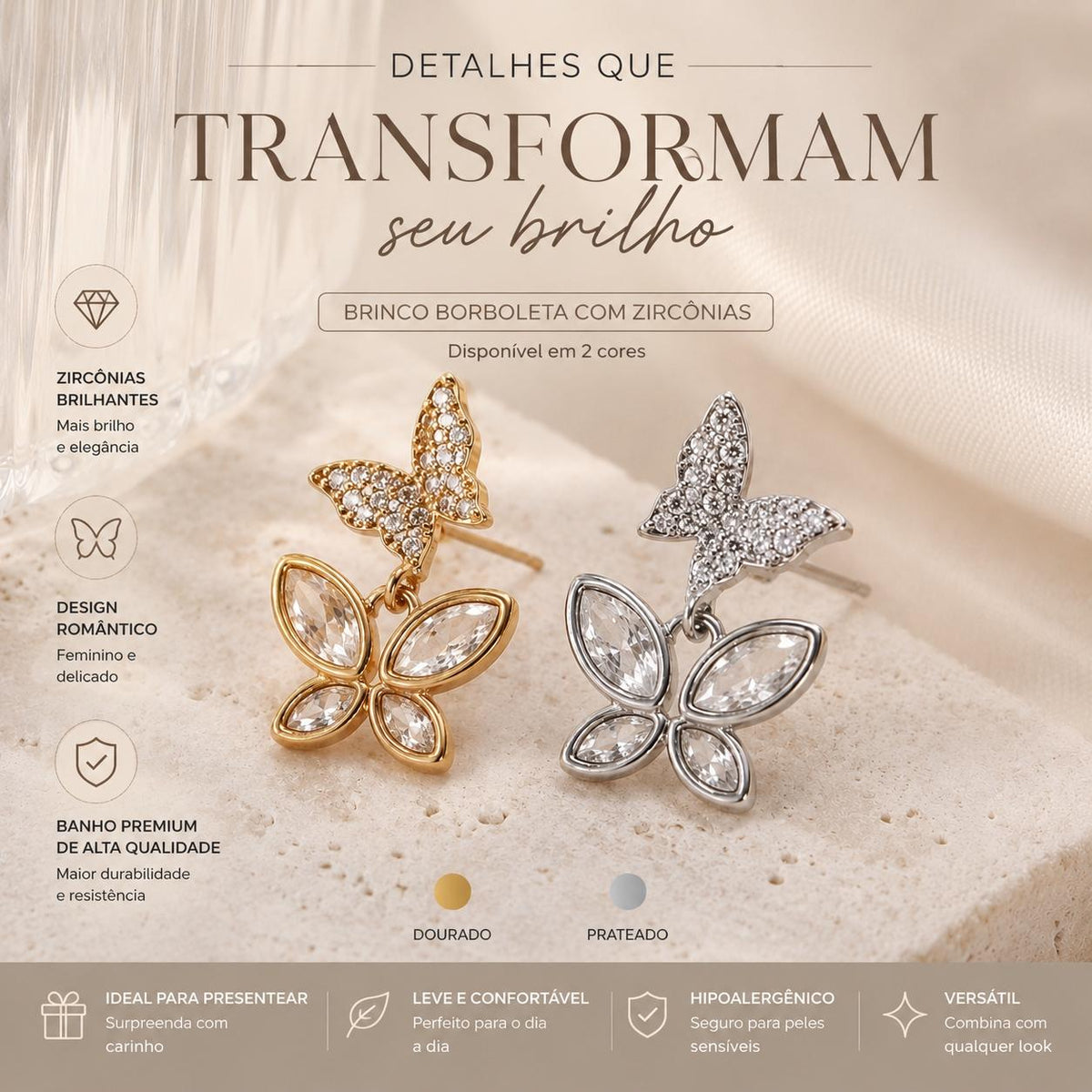 Brinco Dupla Borboleta com Zircônias Micro-Pavimentadas e Corte Marquis Design Encantador e Sofisticado para Ocasiões Especiais
