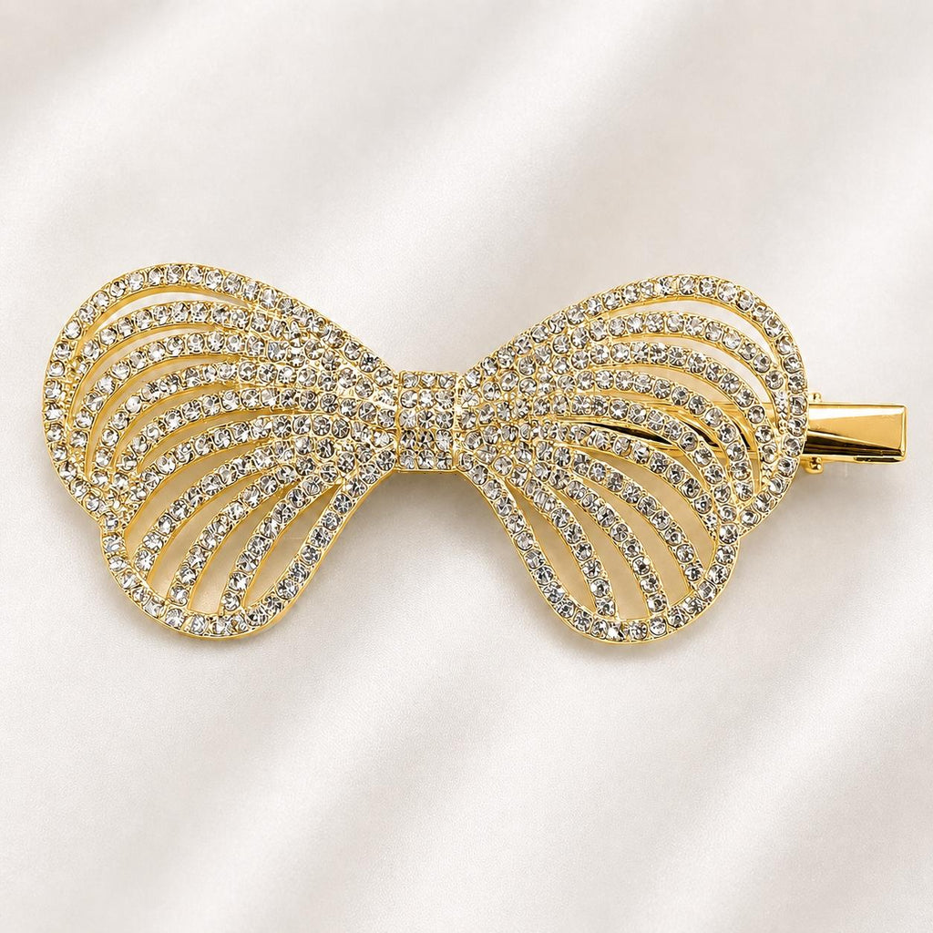 Presilha Laço em Leque Vazado com Zircônias Brilhantes Elegante | Grampo Dourado e Prateado Acessório Feminino para Cabelo Festas e Dia a Dia