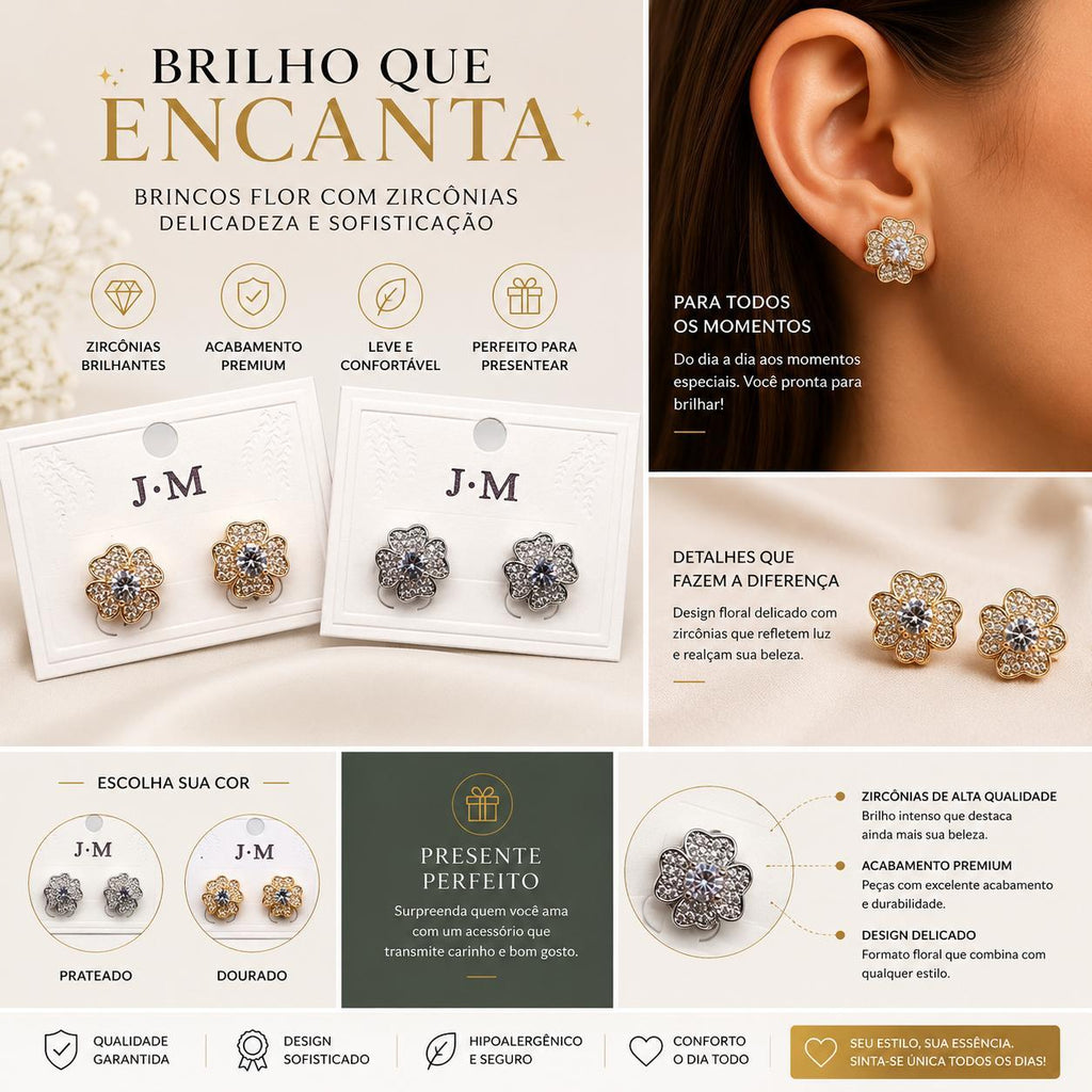 Brinco Flor em Zircônia Luxo - Elegância Floral com Zircônias Centrais para Mulheres Elegantes e Românticas