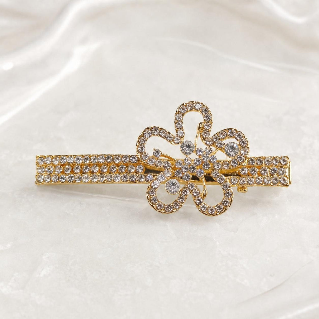 Presilha Flor Cinco Pétalas Oca Cheia de Zircônias | Grampo Elegante Dourado e Prateado para Cabelo Uso Diário e Festas