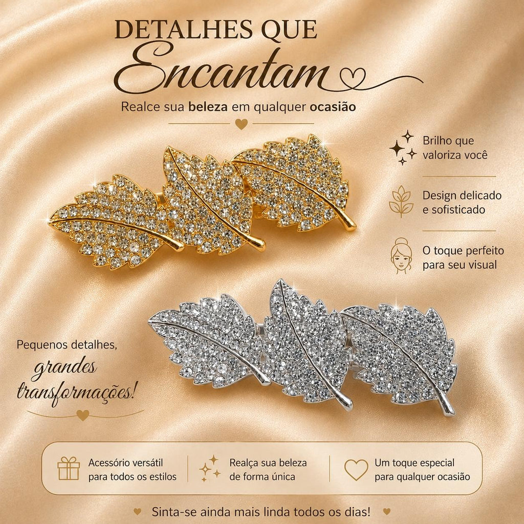 Presilha Três Folhas Cheia de Zircônias | Grampo Elegante Dourado e Prateado para Cabelo Uso Diário e Festas