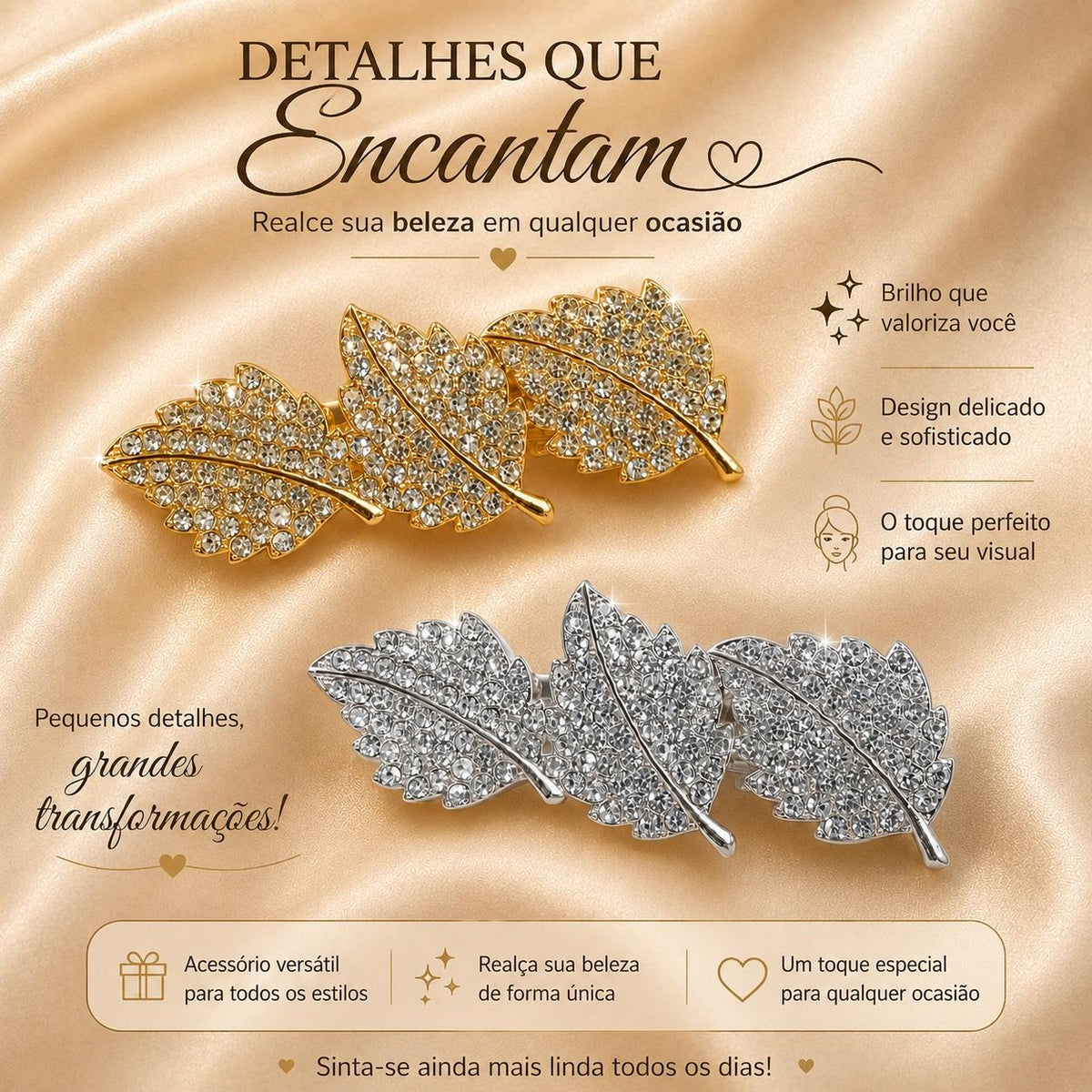 Presilha Três Folhas Cheia de Zircônias | Grampo Elegante Dourado e Prateado para Cabelo Uso Diário e Festas
