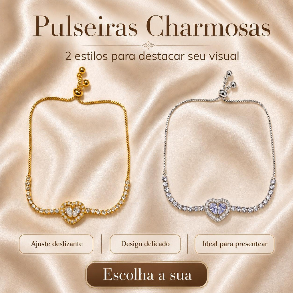 Pulseira Ajustável Coração com Duas Pedras Zircônia e Corrente Cheia de Cristais | Pulseira Feminina Dourada e Prateada Acessório Romântico para Presente