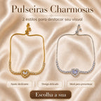 Pulseira Ajustável Coração com Duas Pedras Zircônia e Corrente Cheia de Cristais | Pulseira Feminina Dourada e Prateada Acessório Romântico para Presente