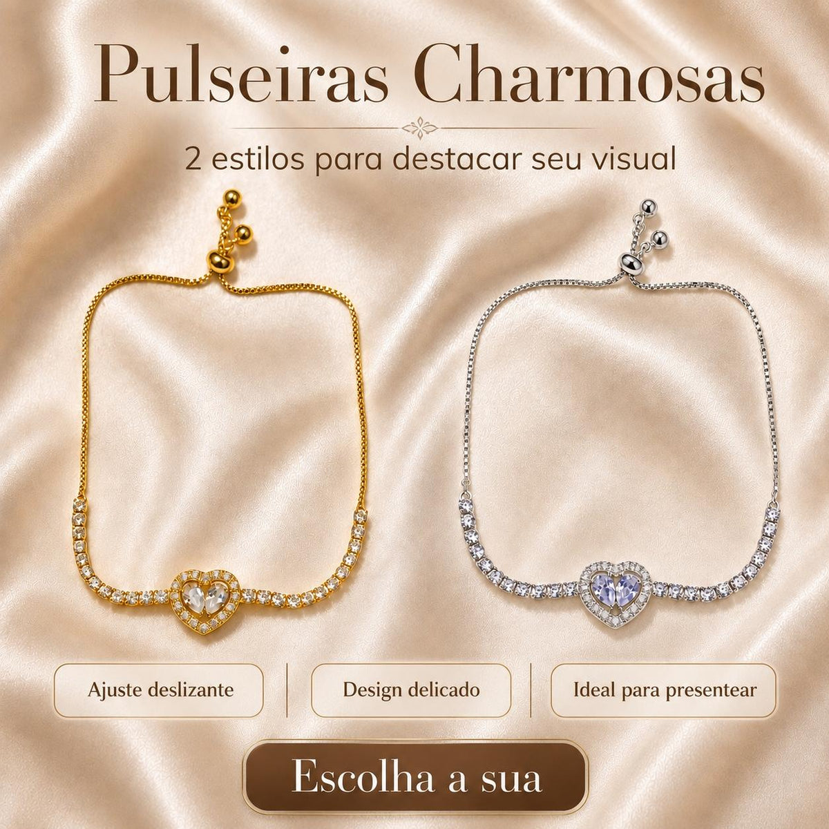 Pulseira Ajustável Coração com Duas Pedras Zircônia e Corrente Cheia de Cristais | Pulseira Feminina Dourada e Prateada Acessório Romântico para Presente
