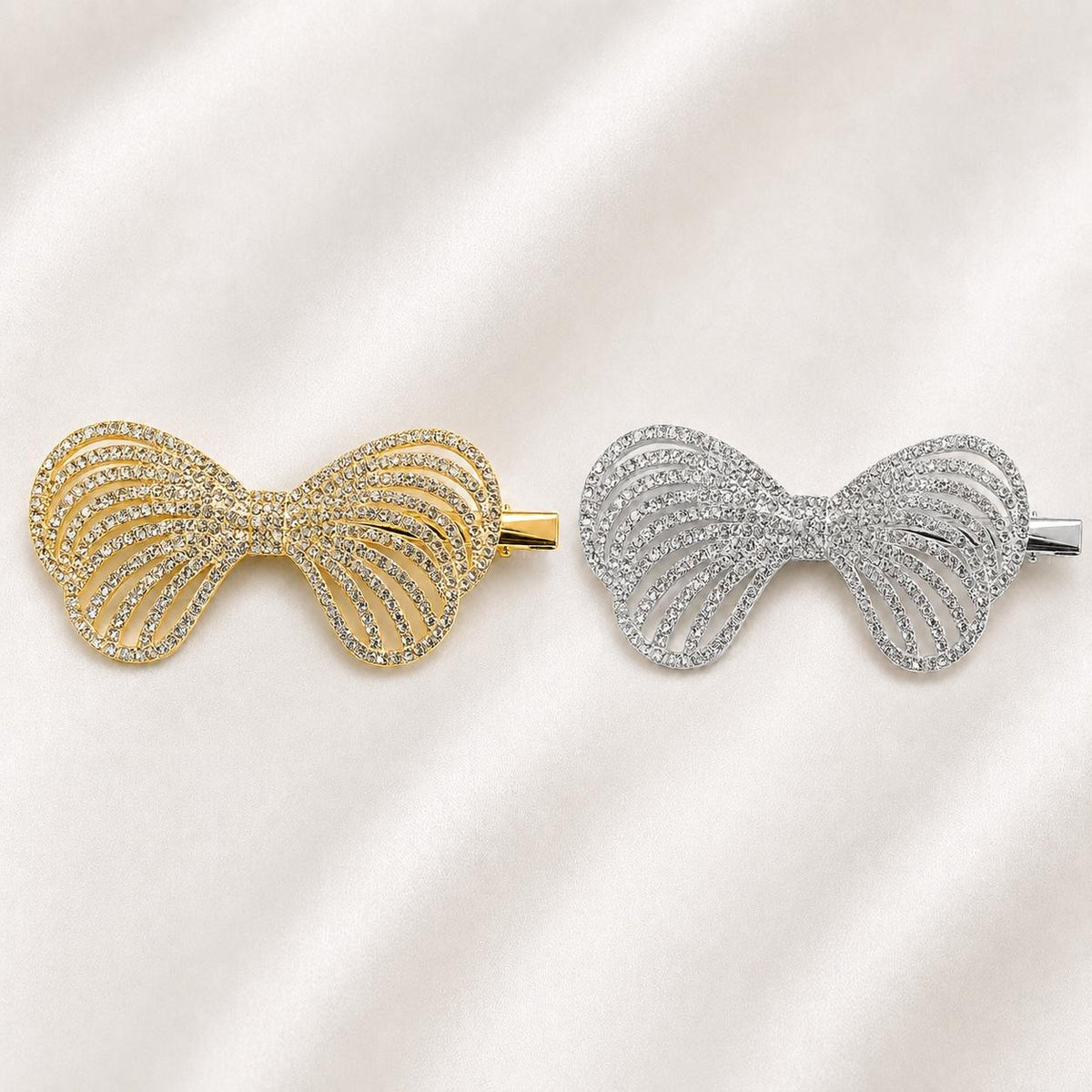 Presilha Laço em Leque Vazado com Zircônias Brilhantes Elegante | Grampo Dourado e Prateado Acessório Feminino para Cabelo Festas e Dia a Dia