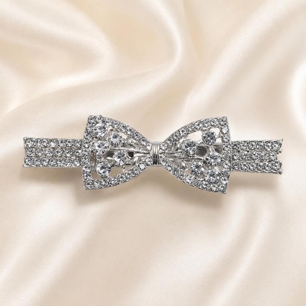 Presilha Laço Gravata Clássico Cheio de Zircônias Grandes | Grampo Dourado e Prateado Acessório Feminino Elegante para Cabelo