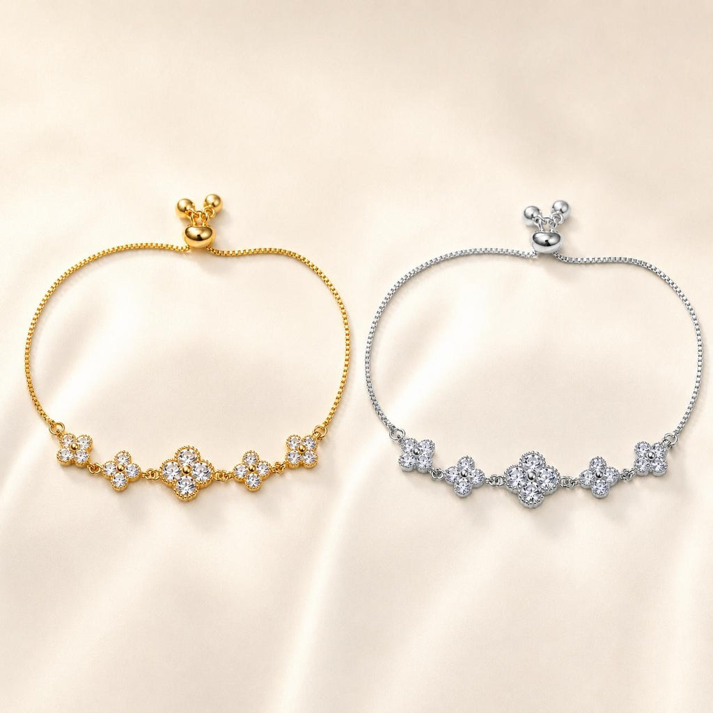 Pulseira Ajustável Flor Trevo Quatro Folhas com Zircônias Brilhantes | Pulseira Feminina Dourada e Prateada Acessório Delicado para Presente
