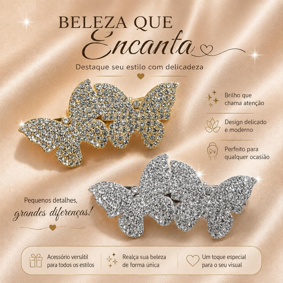 Presilha Dupla Borboleta Cheia de Zircônias | Grampo Elegante Dourado e Prateado para Cabelo, Dia a Dia e Festas
