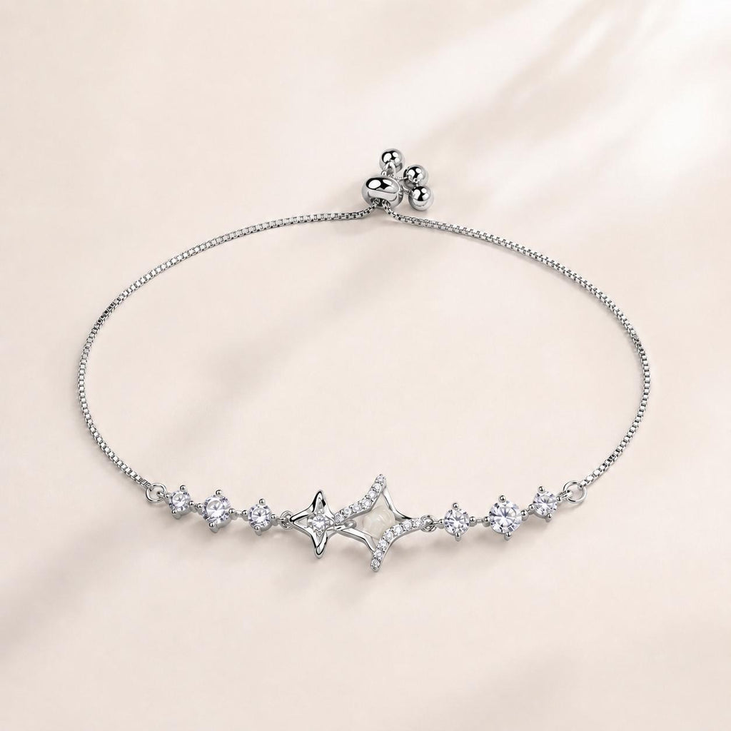 Pulseira Ajustável Estrela com Pedra Olho de Gato e Zircônias | Pulseira Feminina Dourada e Prateada Acessório Elegante para Presente