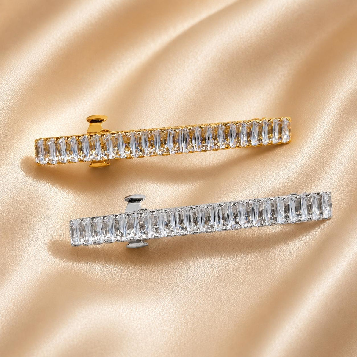 Presilha Longa com Zircônias Retangulares | Grampo Elegante Dourado e Prateado para Cabelo, Uso Diário e Festas
