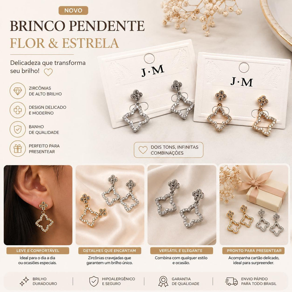 Brinco Trevo Pendente com Zircônias