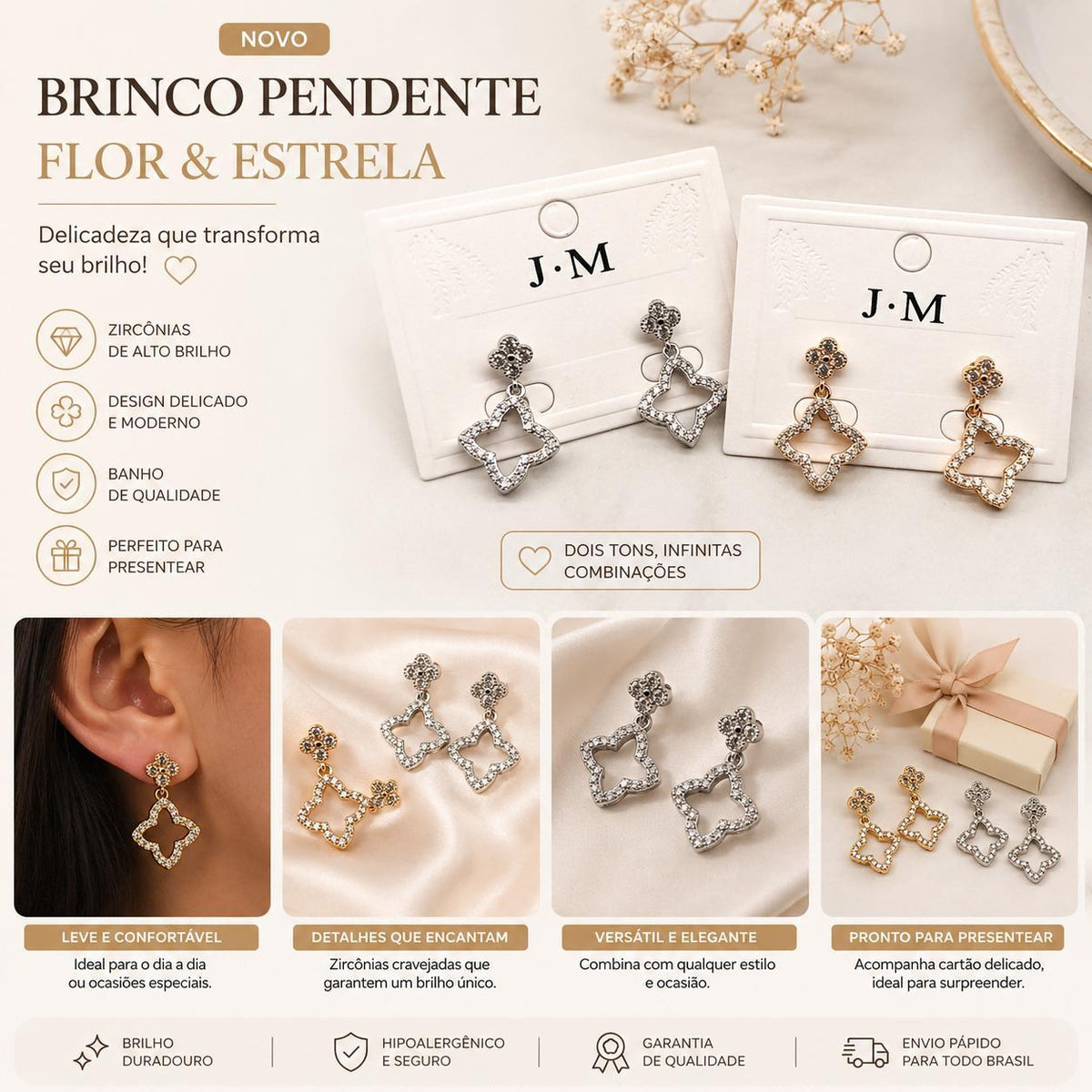 Brinco Trevo Pendente com Zircônias