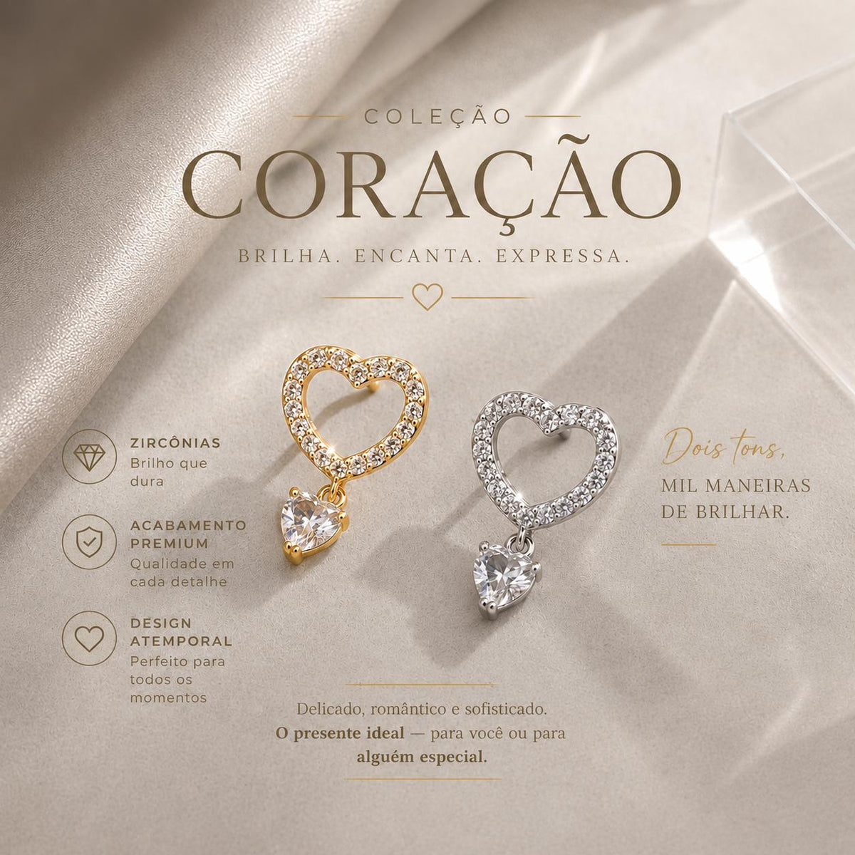 Brinco Coração Duplo em Zircônia - Design Romântico e Luxuoso com Zircônias Brilhantes para Ocasiões Variadas