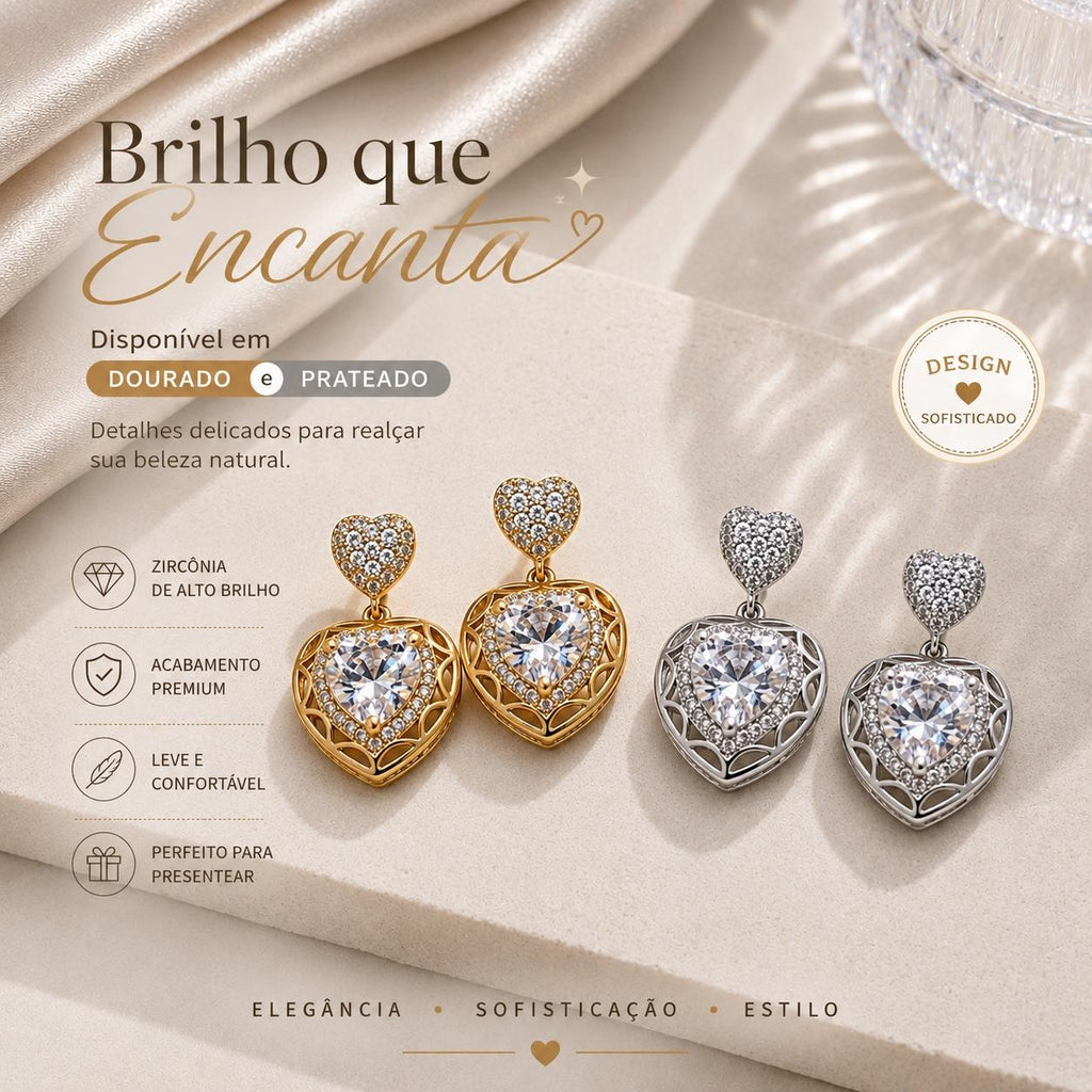 Brinco Pendente Duplo Coração com Zircônias