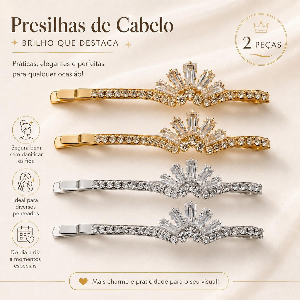 Kit 2 Presilhas de Cabelo Leque Zircônia | Presilha Feminina Elegante Dourado e Prateado