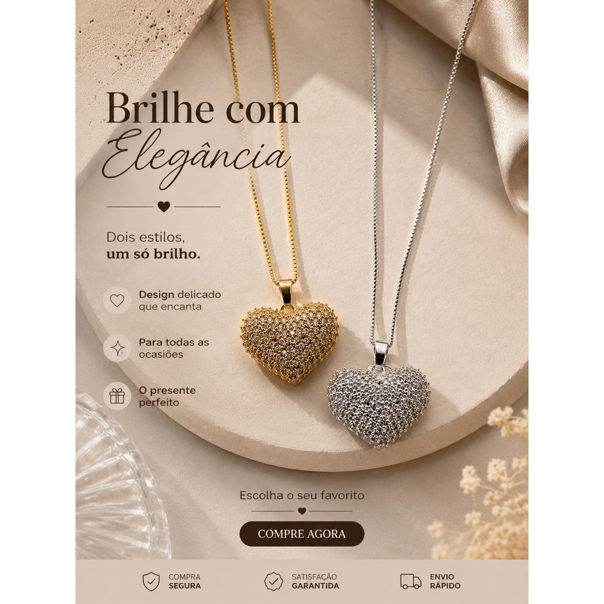 Colar Pingente Coração 3D Cravejado de Zircônias