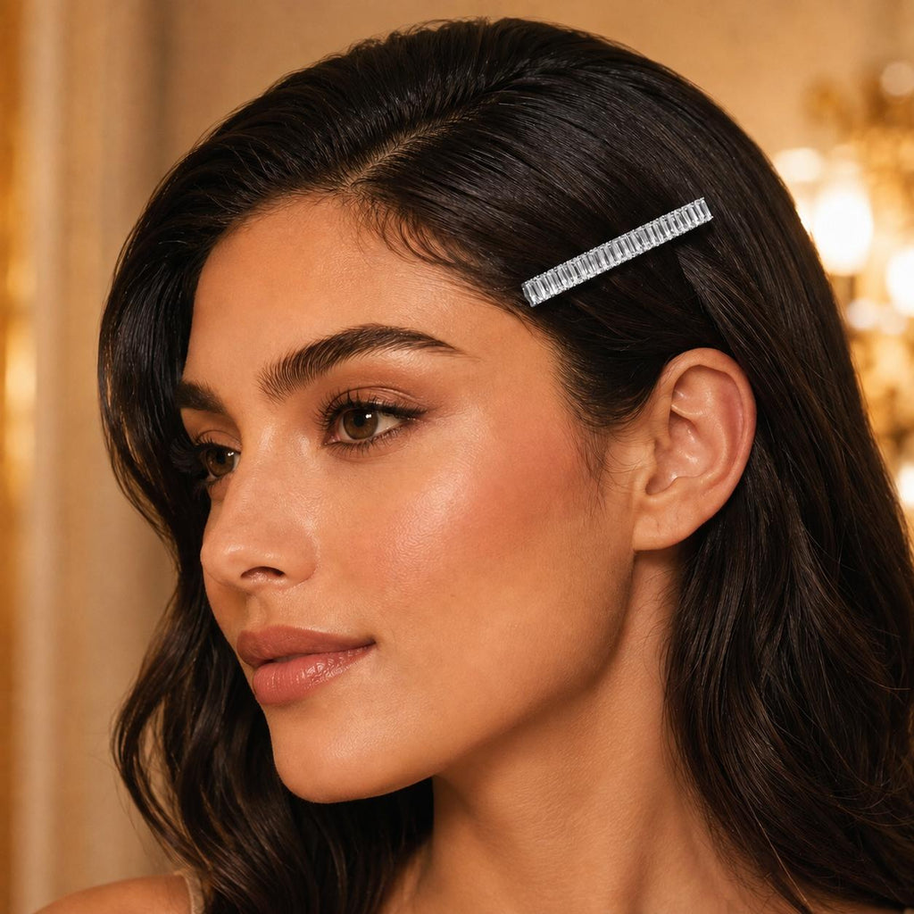 Presilha Longa com Zircônias Retangulares | Grampo Elegante Dourado e Prateado para Cabelo, Uso Diário e Festas