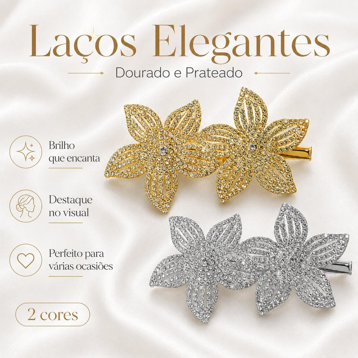 Presilha Duas Flores Cinco Pétalas Vazadas com Zircônias Brilhantes | Grampo Dourado e Prateado Acessório Feminino Elegante para Cabelo