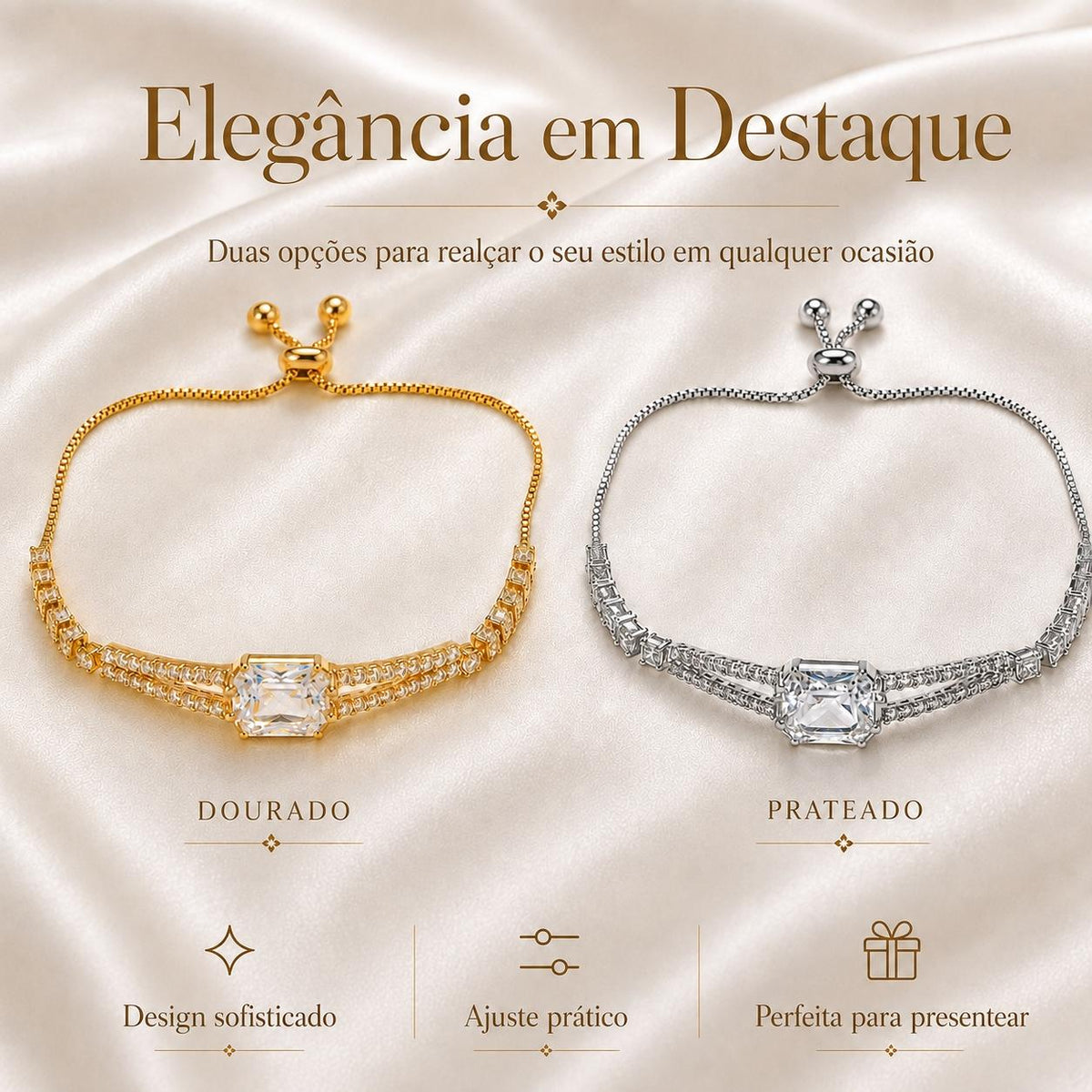 Pulseira Ajustável Dupla Corrente com Pedra Retangular Central Zircônia Brilhante | Pulseira Feminina Dourada e Prateada Acessório Luxuoso para Presente