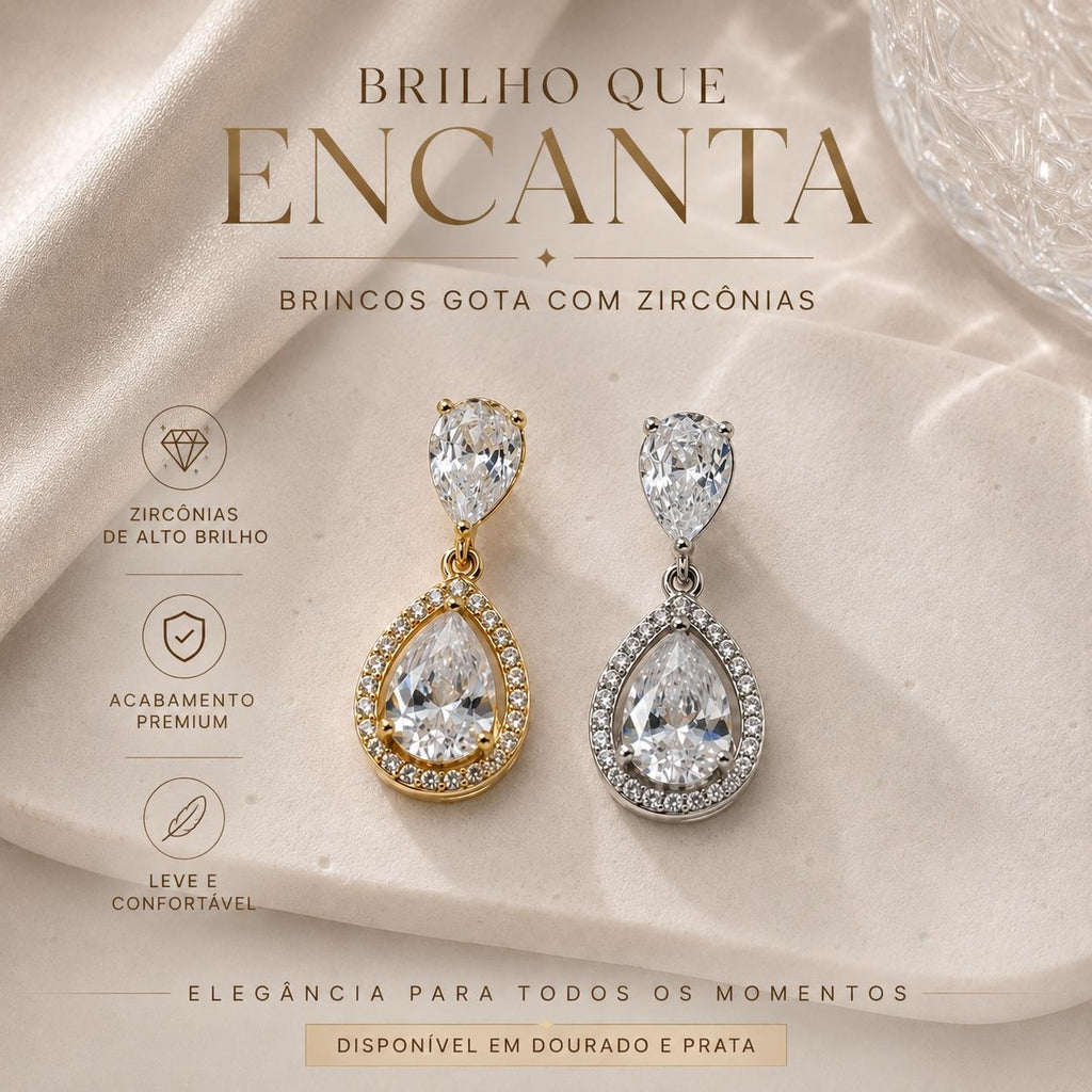 Brinco Gota Dupla com Zircônias Halo Elegância e Brilho Luxuoso Acessório Versátil para Glamour e Sofisticação