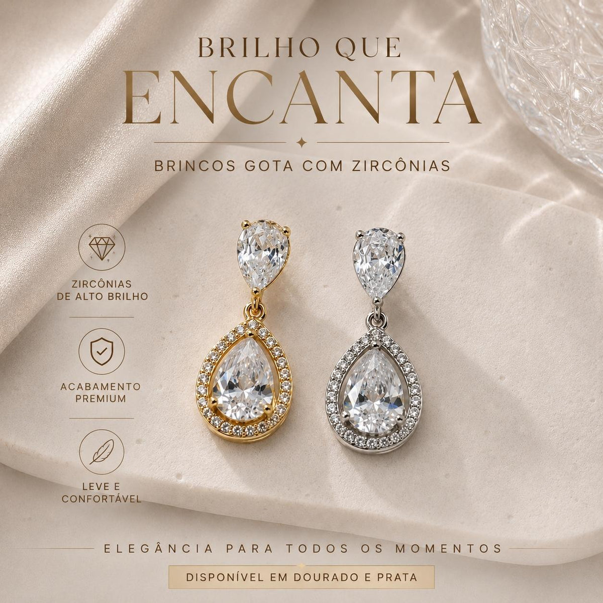 Brinco Gota Dupla com Zircônias Halo Elegância e Brilho Luxuoso Acessório Versátil para Glamour e Sofisticação