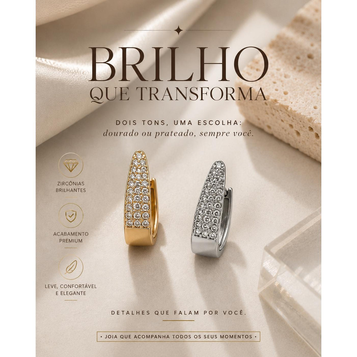 Brinco Geométrico em Zircônia Luxo com Formato de Argola em C para Mulheres Modernas e Elegantes