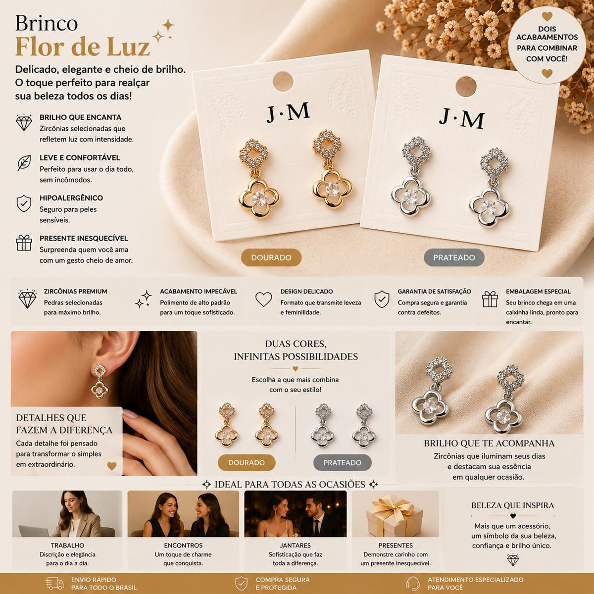 Brinco Trevo de Quatro Folhas Pendente com Zircônias