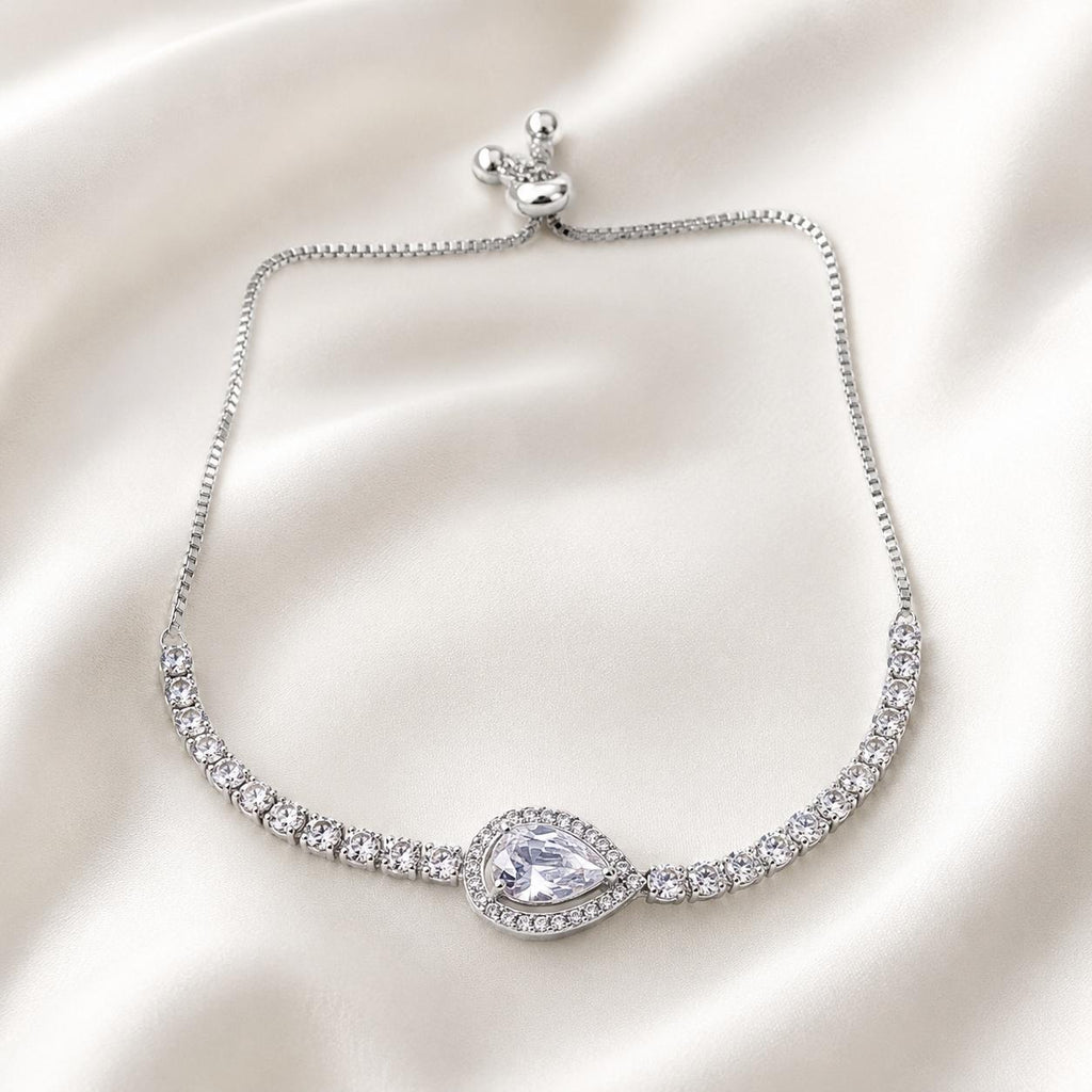 Pulseira Ajustável com Pedra Zircônia em Forma de Gota e Corrente Cheia de Cristais | Pulseira Feminina Dourada e Prateada Acessório Delicado para Presente