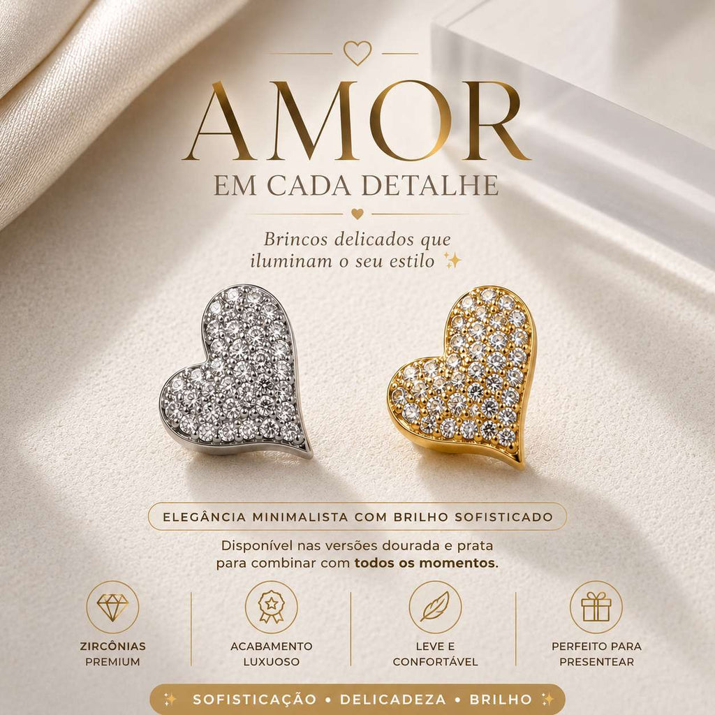 Amor em Cada Detalhe Brinco Coração em Zircônia Luxo Elegância Romântica e Glamouroso para Mulheres Charmosas