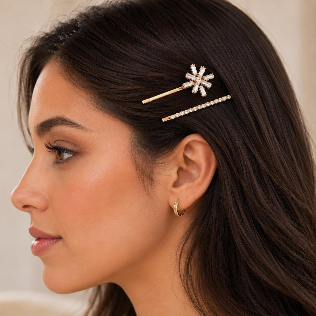 Kit Grampo de Cabelo Flor Zircônia 2 Peças | Presilha Feminina Delicada Dourado e Prateado