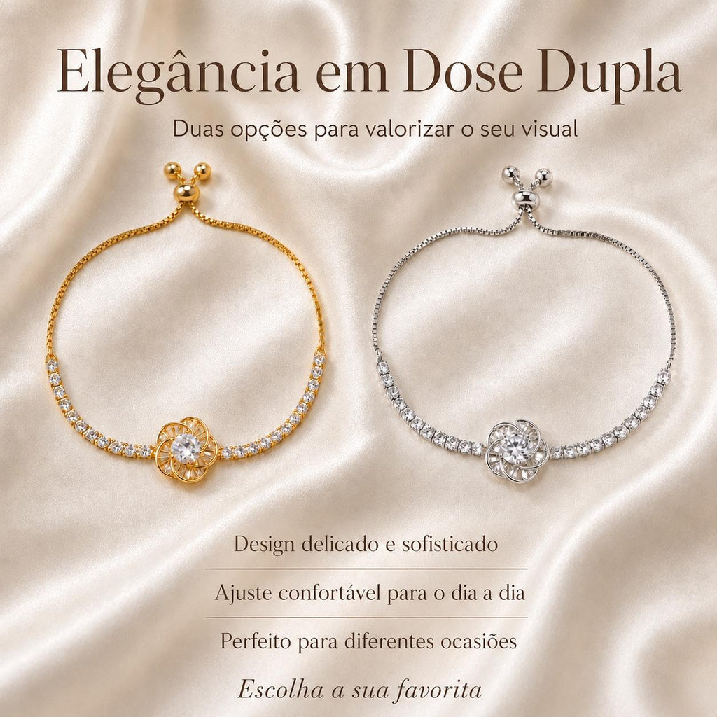 Pulseira Ajustável Flor Camélia Oca com Zircônias Brilhantes | Pulseira Feminina Dourada e Prateada Acessório Delicado Luxuoso para Presente