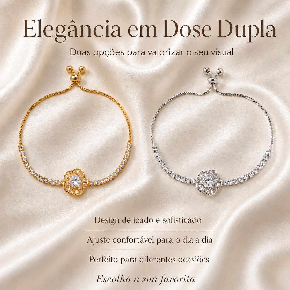 Pulseira Ajustável Flor Camélia Oca com Zircônias Brilhantes | Pulseira Feminina Dourada e Prateada Acessório Delicado Luxuoso para Presente