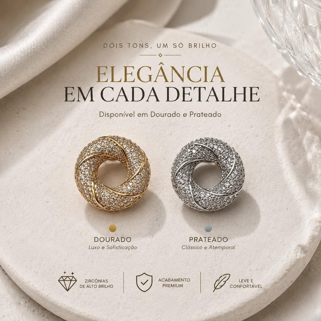 Brinco Circular Trançado com Zircônias Design Geométrico Moderno e Luxuoso Micro-pavimentação Brilho Contínuo e Radiante
