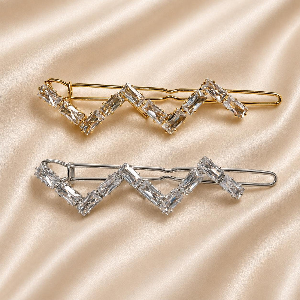 Presilha ZigZag com Zircônias Retangulares | Grampo Moderno Elegante Dourado e Prateado Para Todos Penteados