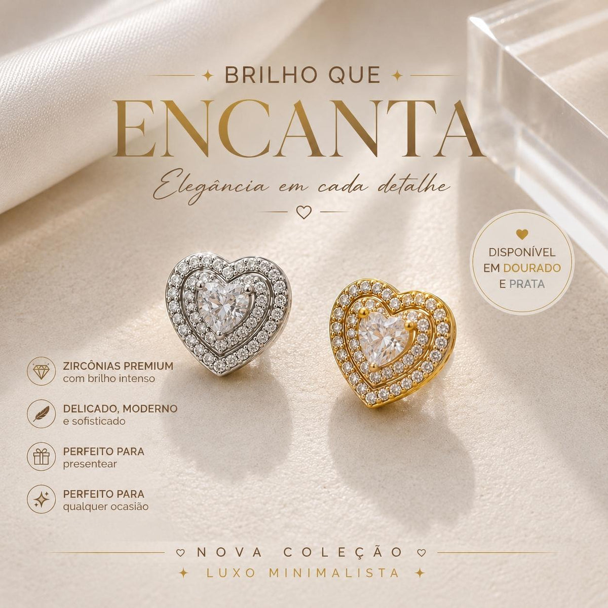 Brinco Coração Duplo em Zircônia Luxo Elegância e Amor Design Romântico para Mulheres Charmosas e Sofisticadas