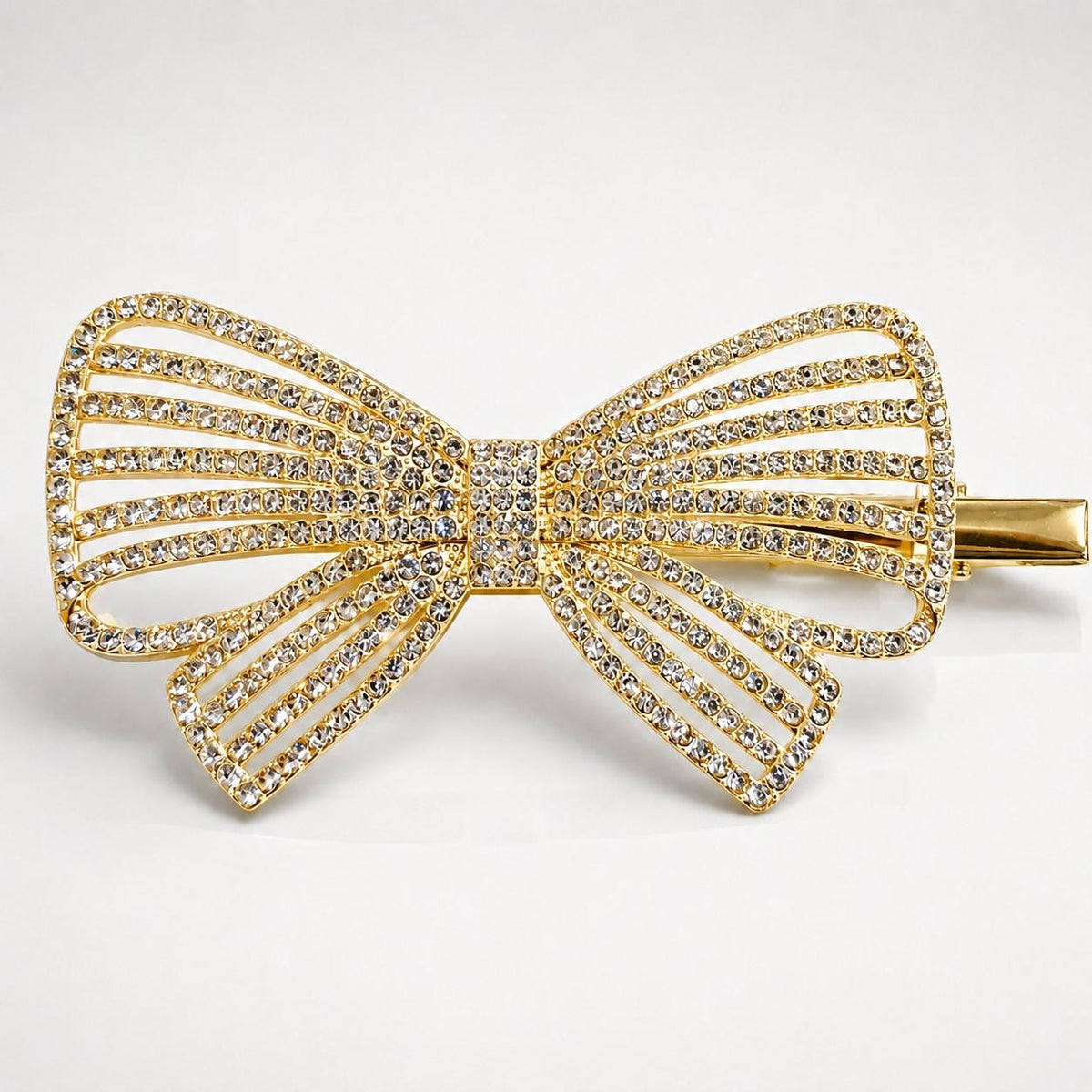 Presilha Laço Vazado Listrado com Zircônias Brilhantes | Grampo Lateral Dourado e Prateado Acessório Feminino Elegante para Cabelo