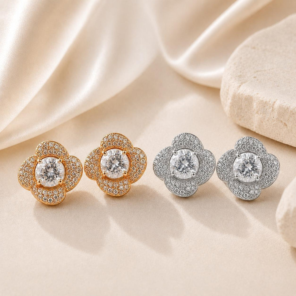 JM Bijuteria Brinco Camélia Flor com Zircônia Halo Elegância e Luxo em Zircônias para Ocasiões Especiais e Dia a Dia