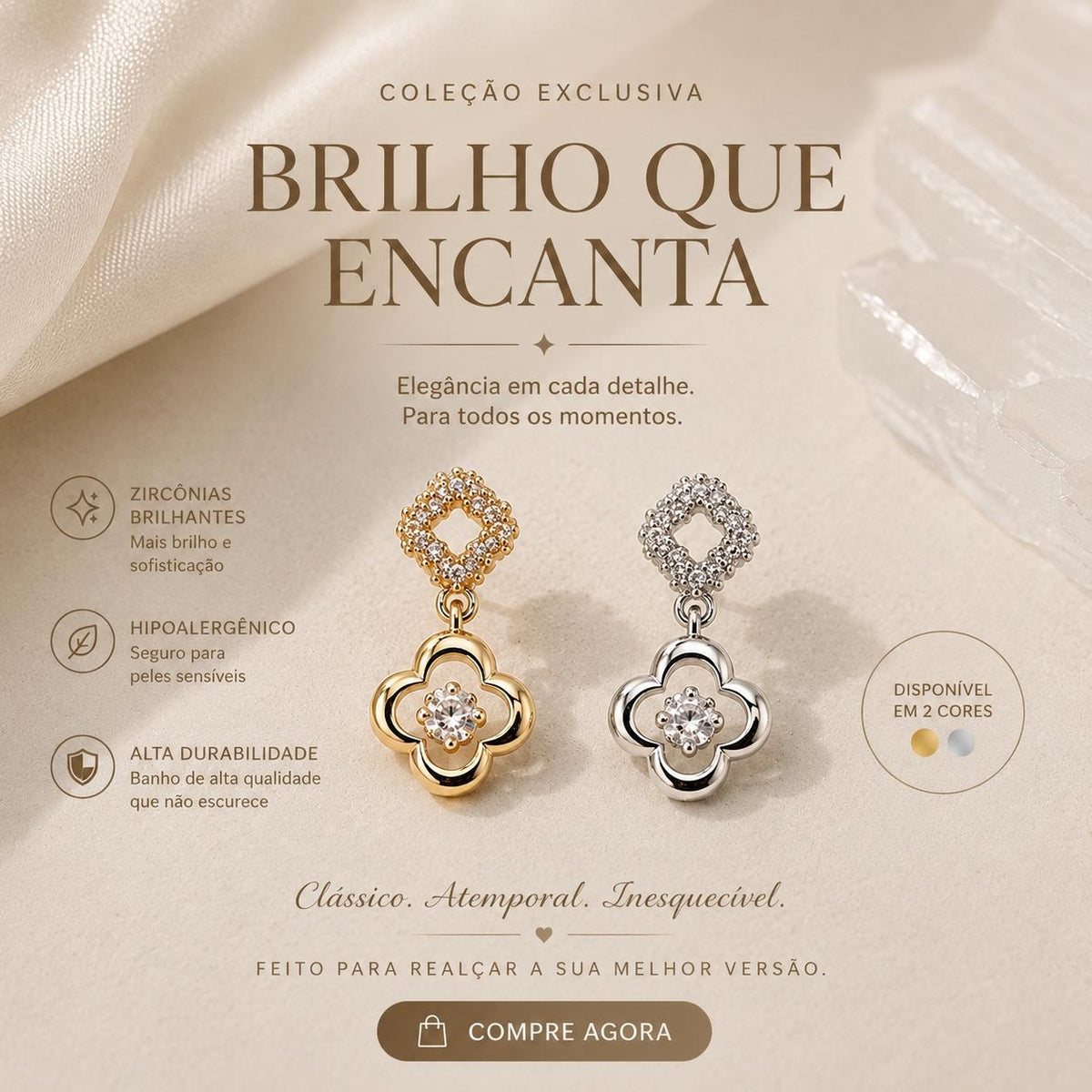 Brinco Trevo de Quatro Folhas Pendente com Zircônias