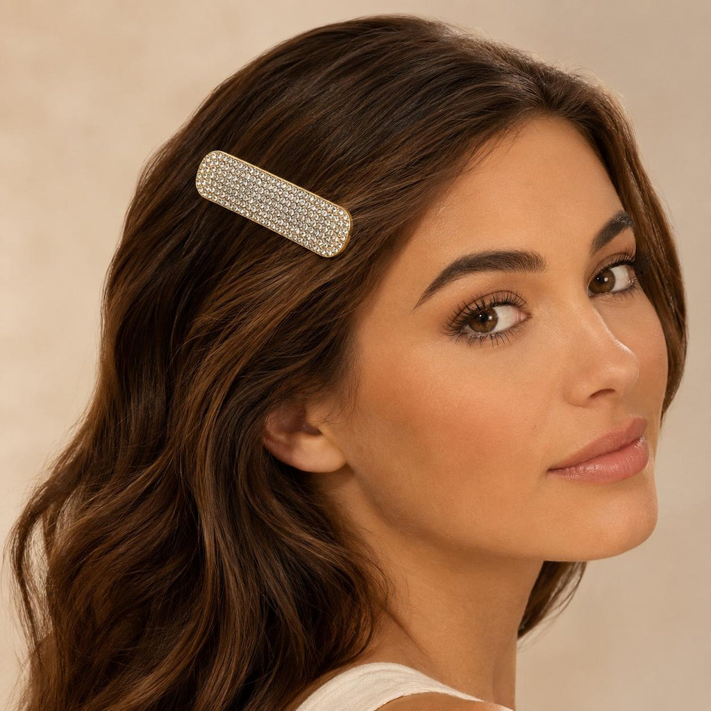 Presilha Retangular Arredondada Cheia de Zircônias | Grampo Elegante Dourado e Prateado para Cabelo Dia a Dia e Festas