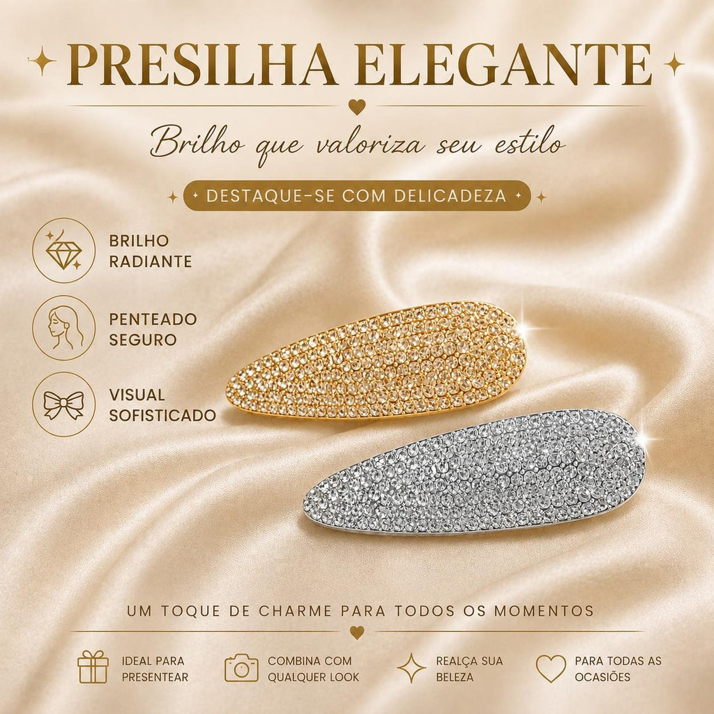 Presilha Elíptica Cheia de Zircônias Elegante | Grampo Dourado e Prateado para Cabelo Dia a Dia e Festas